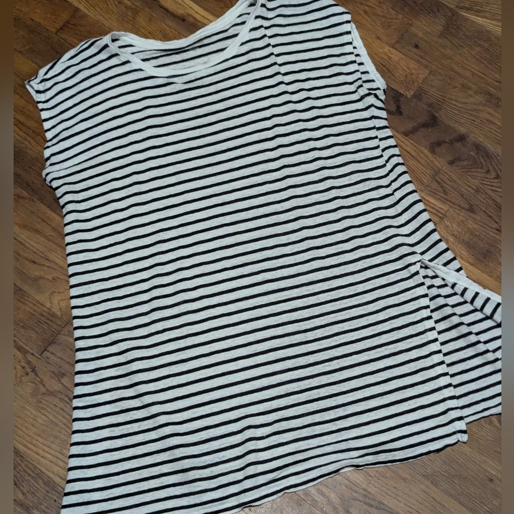 EILEEN FISHER Organic Linen TUNIC TOP Sleeveless B&W STRIPE Sz Med
